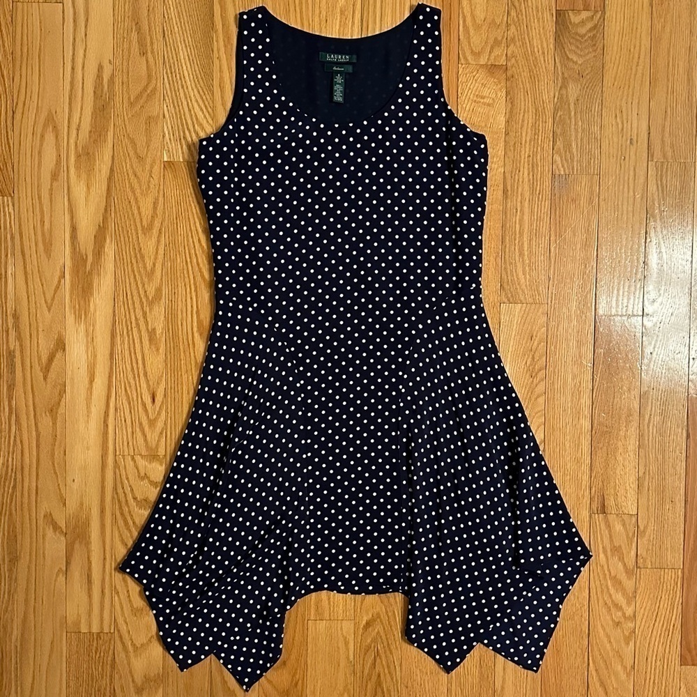 Ralph Lauren Exclusive Silk Polka Dot Dress 100% Silk Navy Blue handkerchief hem